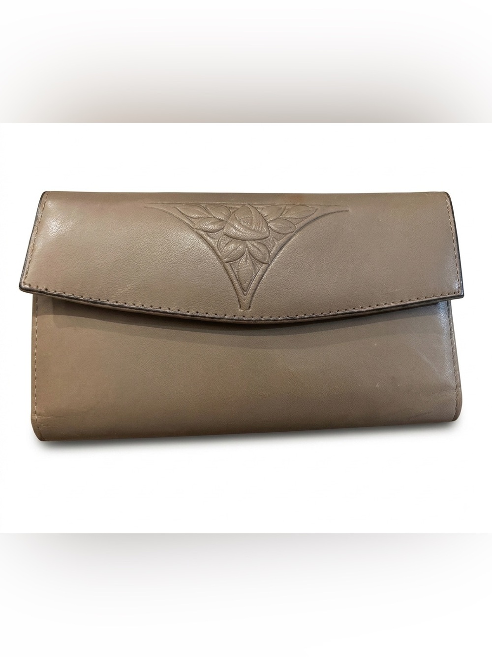 Vintage Rolfs Taupe Genuine Leather Wallet Checkbook Cover Kisslock Coin Purse